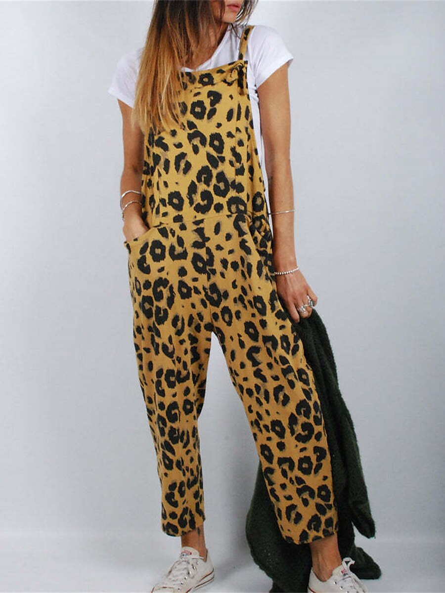 Women's Overall Pocket Print Leopard Square Neck Holiday Street