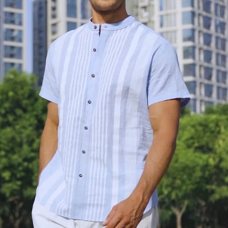 Men's Cotton Linen Shirt Chinese Collar Shirt Mandarin Collar Shirt Summer Shirt Casual Shirt Beach Shirt Stripe Vacation Casual Black White Light Blue Short Sleeve Grandad Collar Summer Clothing 2025 - $21.99 –P10