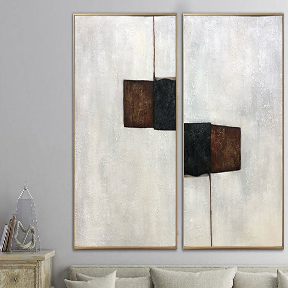 handgemachtes handgemaltes Ölgemälde, modernes großes minimalistisches beige Diptychon-Gemälde auf Leinwand, abstrakte Gemälde in Beige- und Brauntönen, Originaldekor, kein Rahmen, ungedehnt 2025 - $116.99 –P7