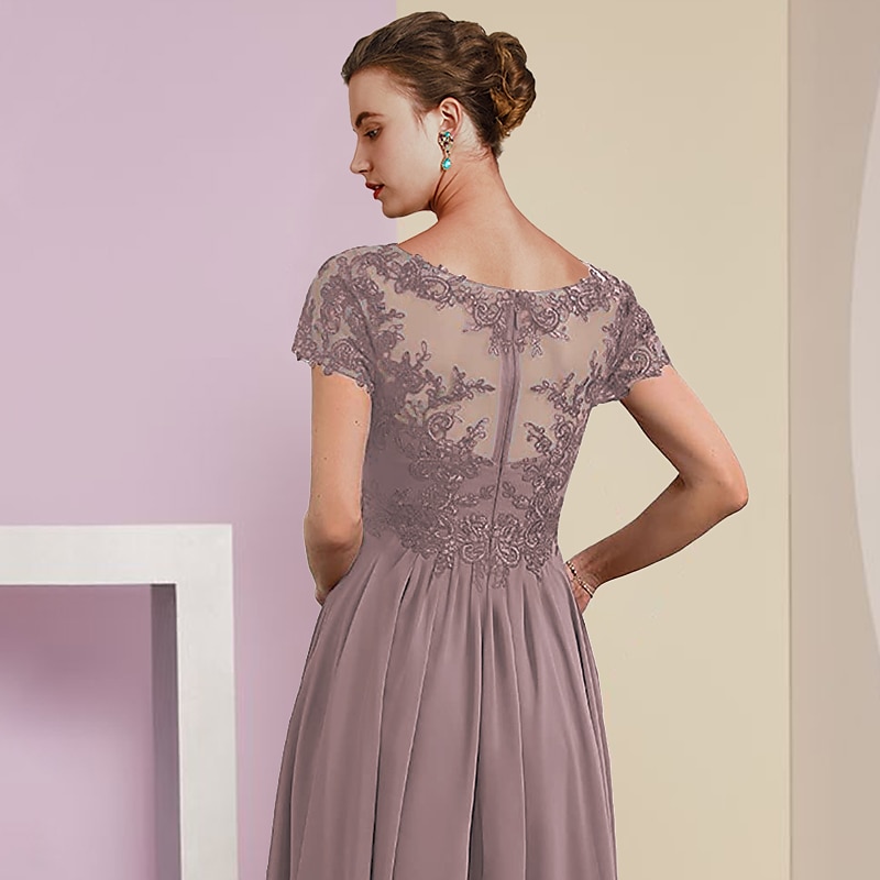 To Del A-Linje Mor til Bruden Kjole Formell Bryllups gjest Elegant V-Hals Te Lengde Chiffon Blonde Kort Erme Jakke Kjoler med Draperinger Applikasjoner gratis tilpasset størrelse 2025 - $150.99 –P4