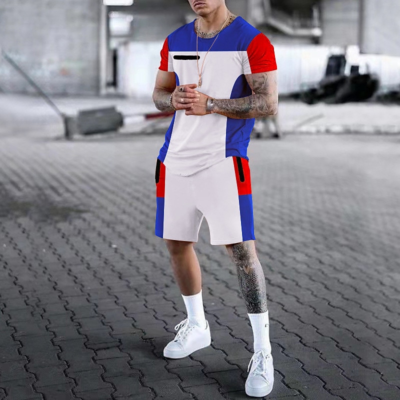 Men's Graphic Color Block 2pcs Tees sets Shorts and T Shirt Set T-Shirt Outfits Short Sleeve Crew Neck Designer Casual Comfortable Outdoor Vacation Daily 3D Print 2 Piece Spring & Summer Black White 2025 - $25.99 –P6