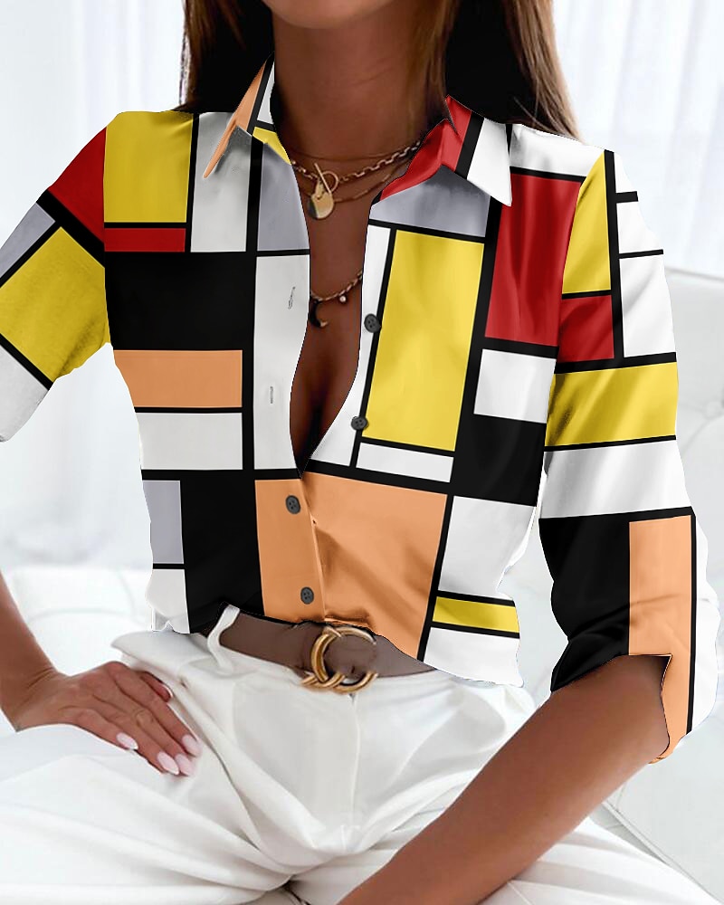 Camicia da donna a maniche lunghe con bottoni blusa base a blocchi di colore stampa bottoni top regolari colletto camicia casual vacanza giallo rosso blu primavera autunno del 2025 a $26.99 –P1