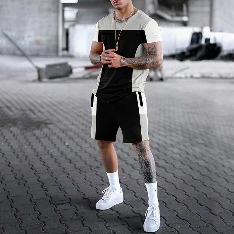 Men's Graphic Color Block 2pcs Tees sets Shorts and T Shirt Set T-Shirt Outfits Short Sleeve Crew Neck Designer Casual Comfortable Outdoor Vacation Daily 3D Print 2 Piece Spring & Summer Black White 2025 - $25.99 –P2