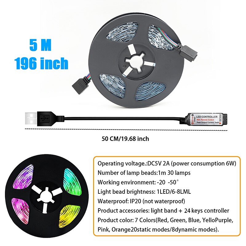 USB 5M RGB LED Strip Light with 24 Keys Remote Control Back Light 5050 SMD RGBIC LED Strip Light for Bedroom Home TV Back Light DIY Decor 2025 - $16.49 –P3