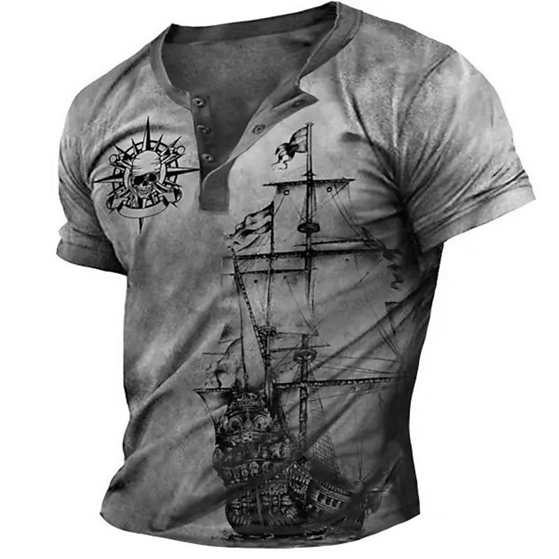 Bărbați Grafic Navă Cranii Cămașă Henley Tricou Raglan Manșon scurt Tipărire 3D Modă Designer Comfortabil În aer liber Zilnic Vară Albastru piscină Roșu Mov Maro Trifoi Henley Tricou Henley 2025 - $21.99 –P2