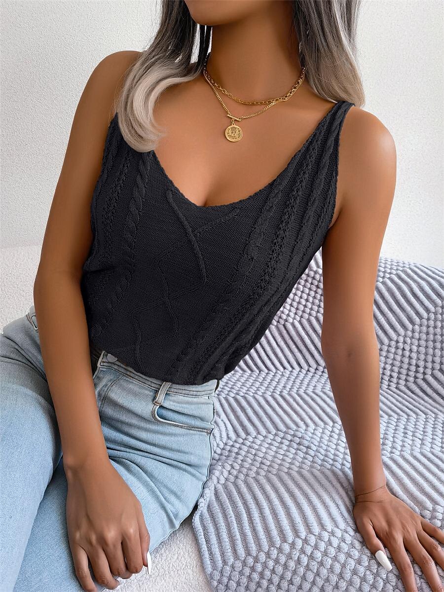Women's Sweater Vest V Neck Cable Knit Rayon Open Back Summer Spring Daily Going out Weekend Stylish Casual Soft Sleeveless Solid Color Black White Blue S M L 2023 - US $21.99 –P16