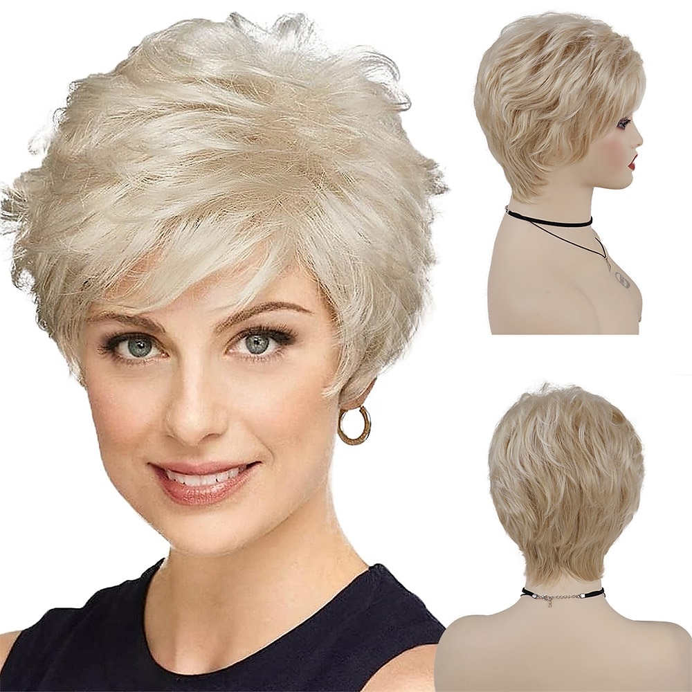 Synthetic Short Wigs for White Women Sandy Blonde Wig with Bangs Mix Brown Color Curly Wig Hair Ombre Elderly Wig Mom 2026 - €17.99 –P8