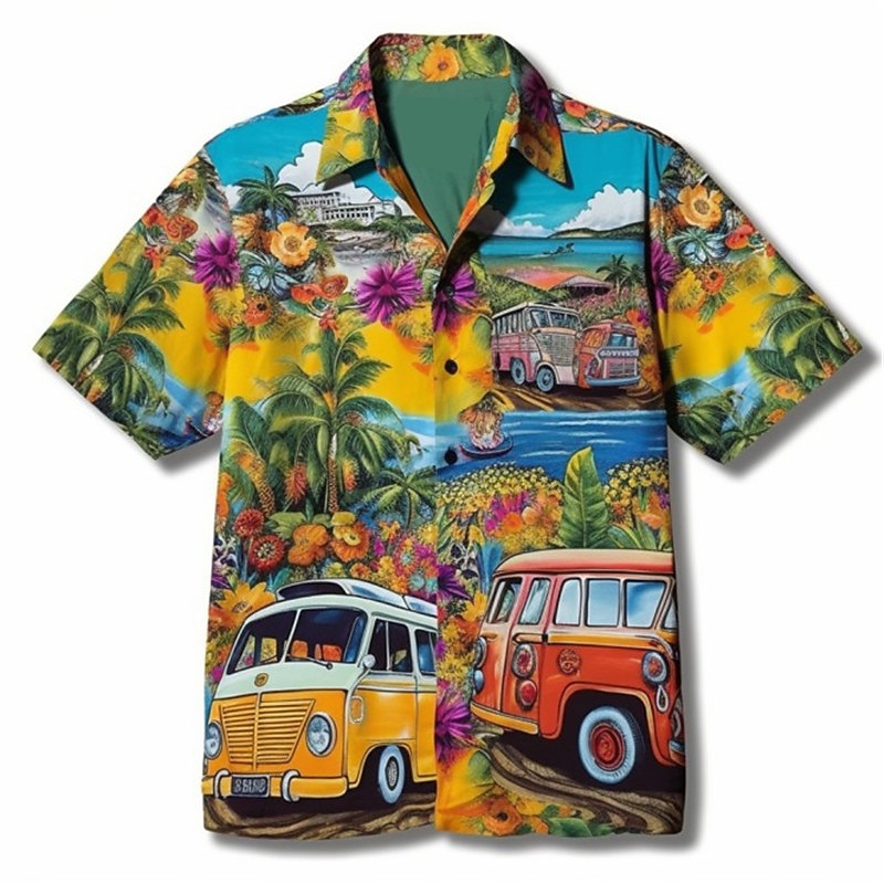 Pánské Květinový Hippie Autobus Košile Havajská košile Aloha košile Krátké rukávy Košile Přehnutý Módní Šik ven Designové Venkovní ulice Ležérní Žlutá Námořnická modř Vodní modrá S M L 2026 - $25.99 –P5