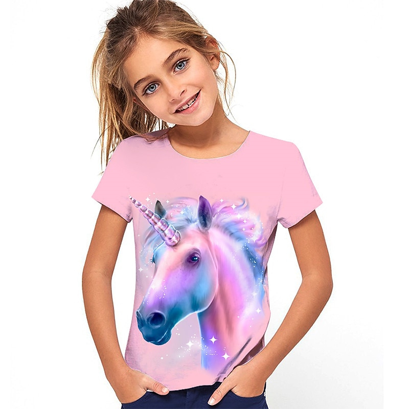 Kinderen Voor meisjes T-shirt Grafisch Buiten 3D-afdrukken Korte mouw Ronde hals Actief 7-13 jaar Zomer Meerkleurig Blozend Roze Rood 2026 - $10.99 –P1