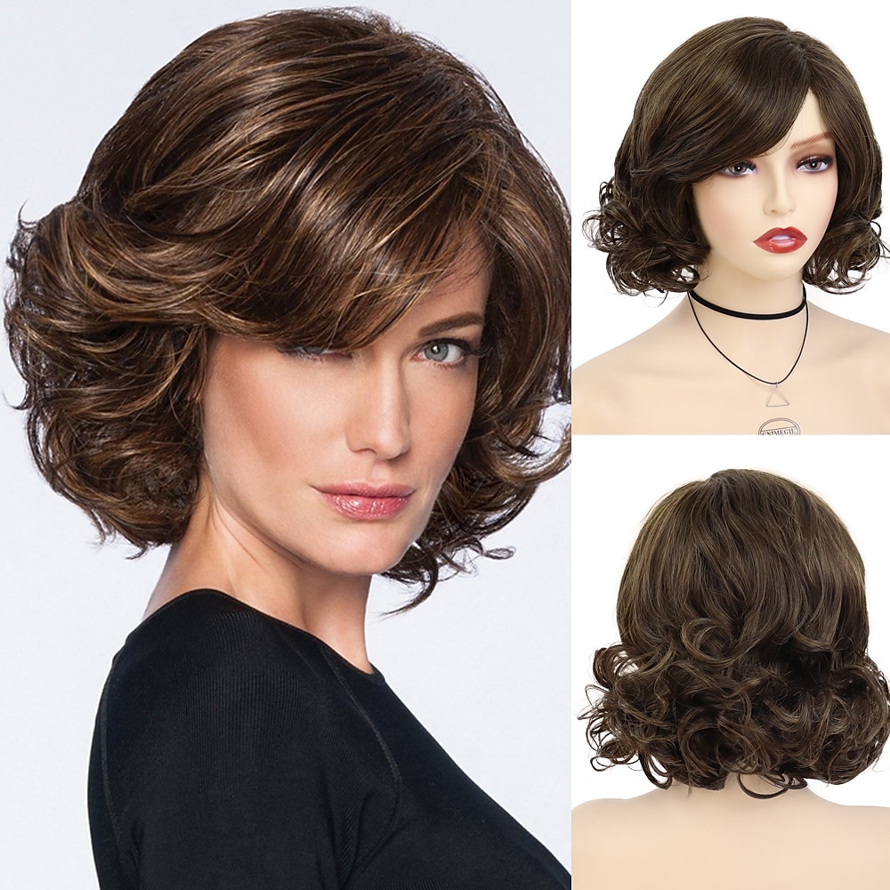 dames korte pruiken synthetisch haar mix bruin kapsel krullende pruiken bob mama pruik natuurlijke highlight pruiken met pony aan de zijkant 2025 - $21.99 –P9