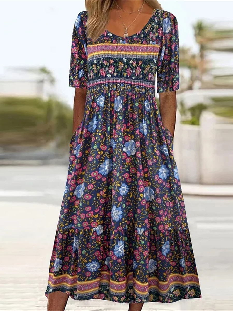 Női Midi ruha nyári ruha Boho ruha Pöttyös ruha Nyomtatott ruha Csehország Divat Modern Szabadtéri Vakáció Napi Normál Virágos Ditsy virágos Rövid ujjú Terített nyak Arcpír rózsaszín Sötétkék Nyár 2025 - $30.99 –P4