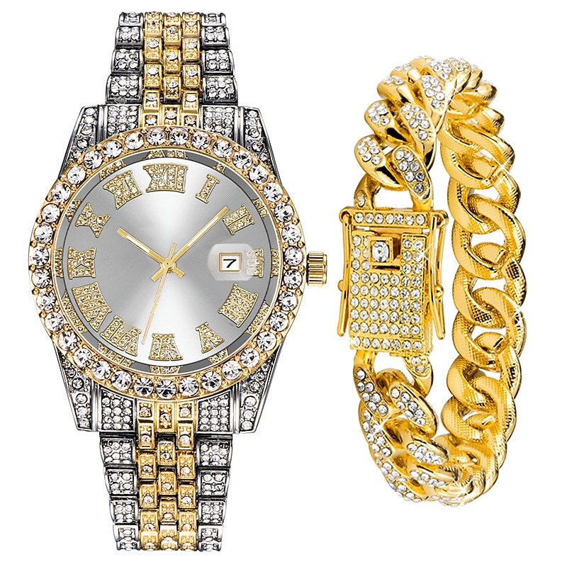 Men's Quartz Watch with Chain Bracelet Set Fashion Luxury Bling Diamond Hiphop Analog Men Quartz Wristwatch Calendar Waterproof Men's Watch 2025 - $19.99 –P9