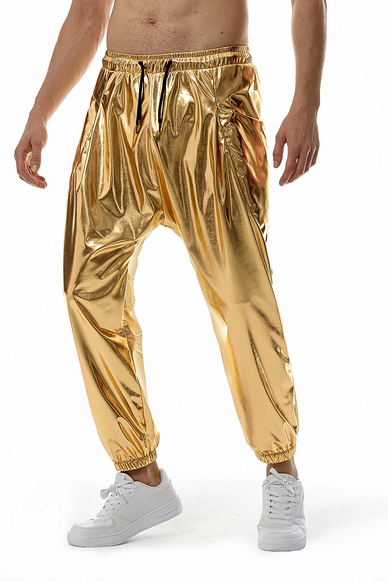 sada s lesklým kovovým tričkem jogger kalhoty 2 ks outfity pánské disco 80. léta cvičení cosplay kostým maškarní karneval párty klub 2025 - $41.99 –P4