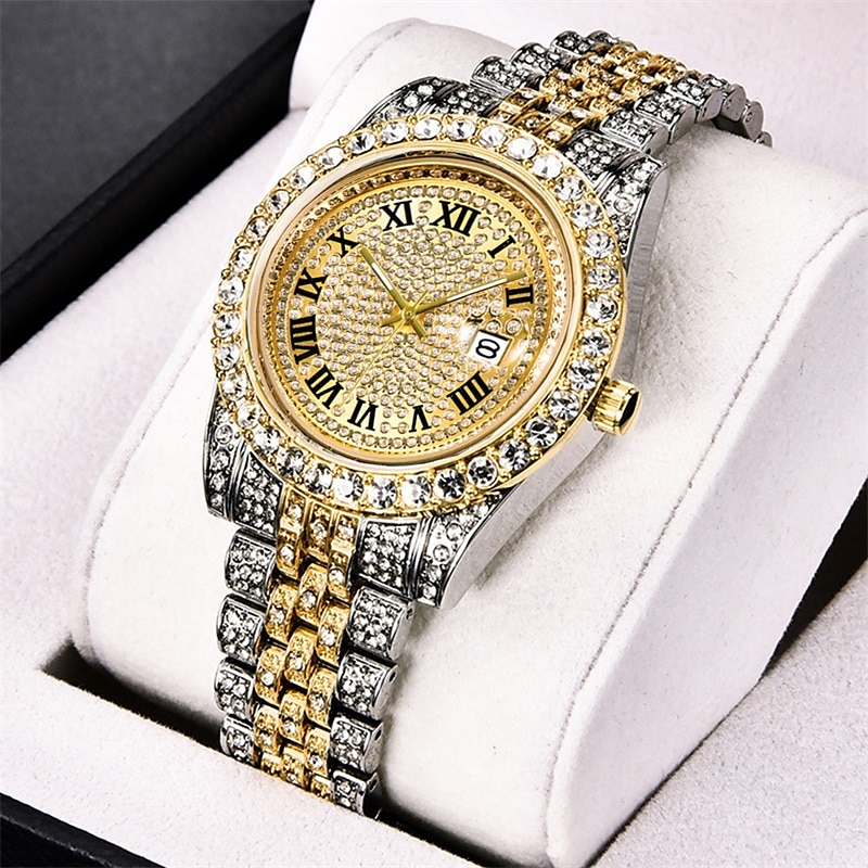Men's Quartz Watch with Chain Bracelet Set Fashion Luxury Bling Diamond Hiphop Analog Men Quartz Wristwatch Calendar Waterproof Men's Watch 2025 - $19.99 –P2