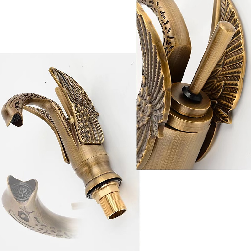 torneira misturadora de pia de banheiro vintage forma de cisne de latão, torneiras de lavatório monobloco alça única um furo montado no convés, mono torneira de vaso de água quente e fria mangueira retrô antigo de 2025 por $121.99 –P7