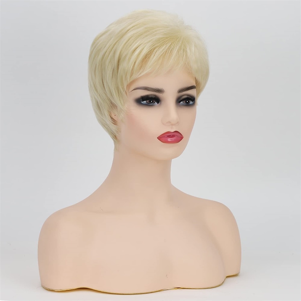 parrucca corta da pixie bob con riflessi biondi con frangia parrucca sintetica bionda ombre dritta con parrucche bionde a strati di radici scure per le donne del 2025 a $20.99 –P8