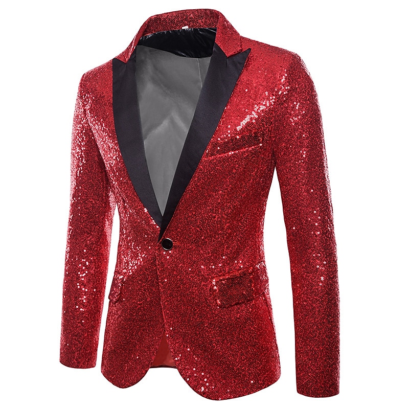 Herr Kavaj Prestanda Cocktailfest Punkmode Vår Höst Paljett Ensfärgat Ficka Skinande Enkelknäppt med Ett Knapphål Blazer Silver Svart Rubinrött Blå 2025 - $58.99 –P12