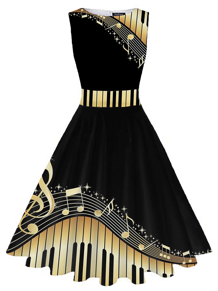 naisten retro 1950-luvun vintage teemekot midi-mekko päivittäinen päivämäärä ruched print muistiinpano pyöreä kaula hihaton ohut kesä kevät 2023 musta valkoinen s m l xl 2025 - $25.99 –P3