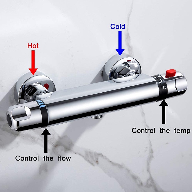 Thermostatic Shower Mixer Bar Wall Mounted Chrome, Shower Mixer Tap with 38℃ Anti Scald Safty Button, Outlet G1/2 Round Mixer Bar Wall Mount 2026 - $110.99 –P4