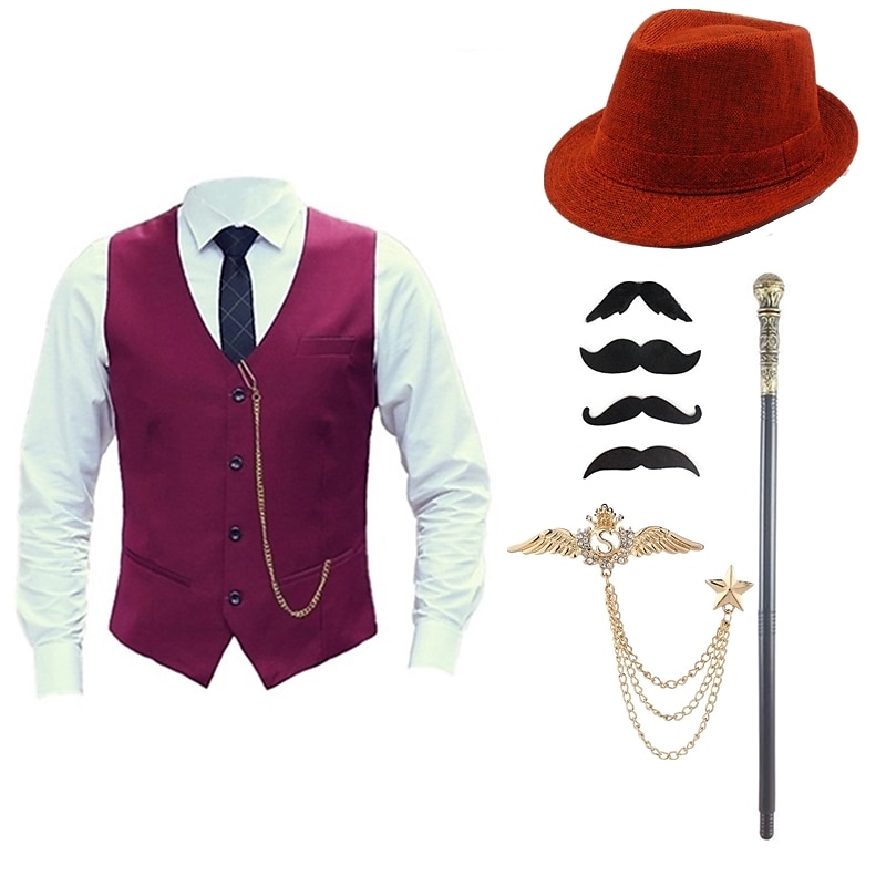 Mens 1920s Gangster Outfit Vest with Accessories Set 5 Pcs Retro Vintage Roaring 20s Theme Party Cosplay Costume Panama Hat Beard Brooch Cane 2026 - $57.99 –P1