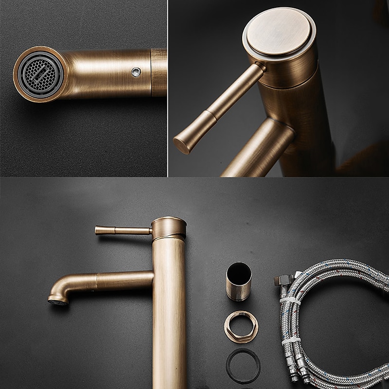 mitigeur d'évier de salle de bain vintage haut, robinets de lavabo monobloc monocommande monté sur pont antique, avec tuyau d'eau chaude et froide robinets d'eau rétro laiton noir de 2025 ? $105.99 –P7