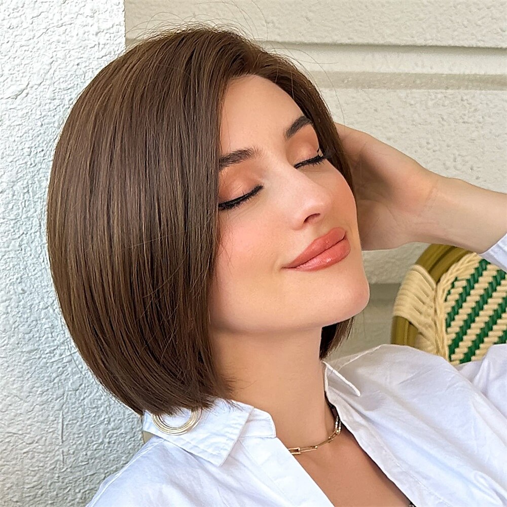 parrucche marroni per donna parrucca diritta in pizzo sintetico lunghezza spalla caschetto con riga laterale con capelli del bambino del 2025 a $24.99 –P6