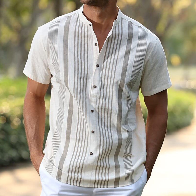 Men's Cotton Linen Shirt Chinese Collar Shirt Mandarin Collar Shirt Summer Shirt Casual Shirt Beach Shirt Stripe Vacation Casual Black White Light Blue Short Sleeve Grandad Collar Summer Clothing 2025 - $21.99 –P1