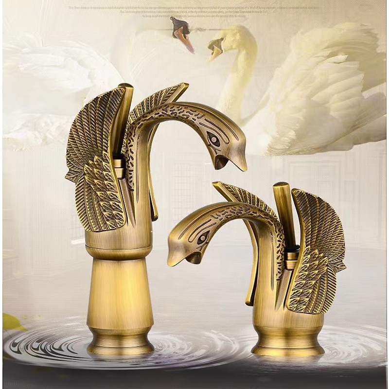 torneira misturadora de pia de banheiro vintage forma de cisne de latão, torneiras de lavatório monobloco alça única um furo montado no convés, mono torneira de vaso de água quente e fria mangueira retrô antigo de 2025 por $121.99 –P3