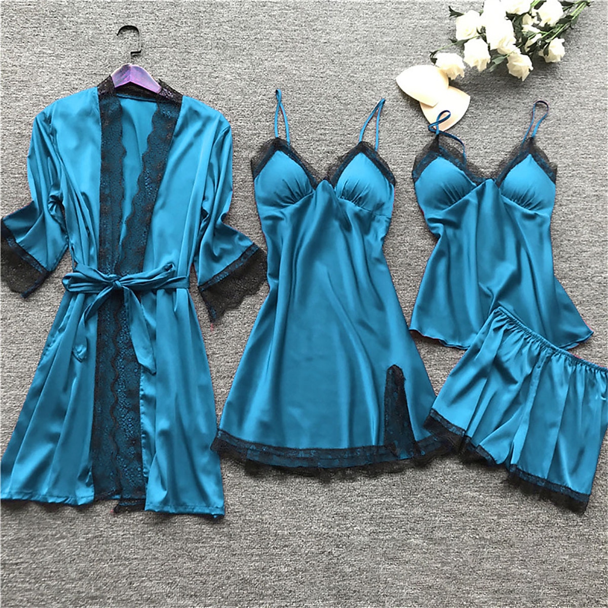 pyjamasset för kvinnor 4 stycken ren färg enkel avslappnad mjuk hem daglig säng polyester andas v wire långärmad dräkt topp shorts resår midja sommar vår hem outfits 2025 - $25.99 –P3