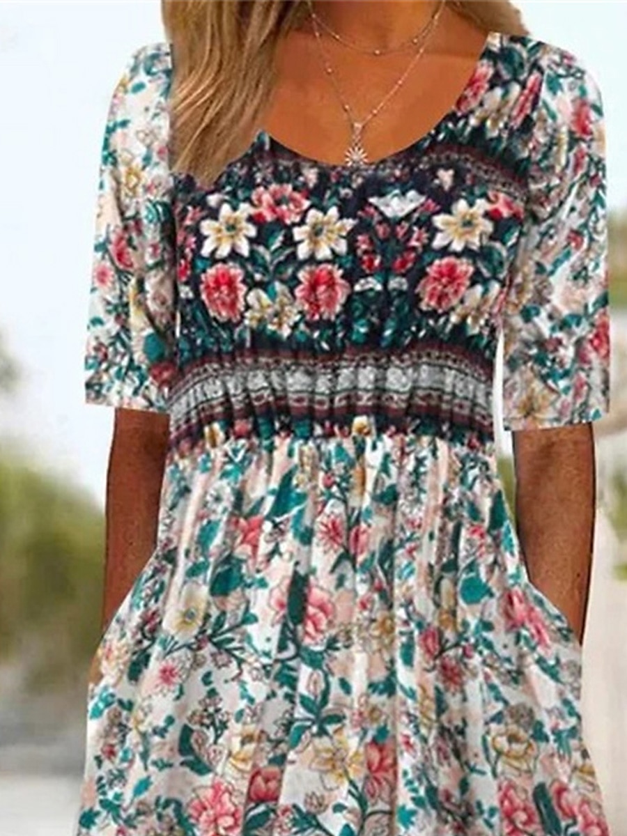 Női Midi ruha nyári ruha Boho ruha Pöttyös ruha Nyomtatott ruha Csehország Divat Modern Szabadtéri Vakáció Napi Normál Virágos Ditsy virágos Rövid ujjú Terített nyak Arcpír rózsaszín Sötétkék Nyár 2025 - $30.99 –P2