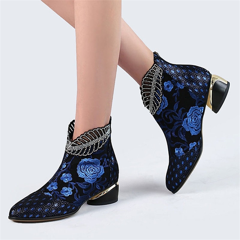 bottines à talons en jacquard floral ornées de strass pour femmes - talons en velours bleu élégants pour les événements en soirée de 2026 ? $42.99 –P1