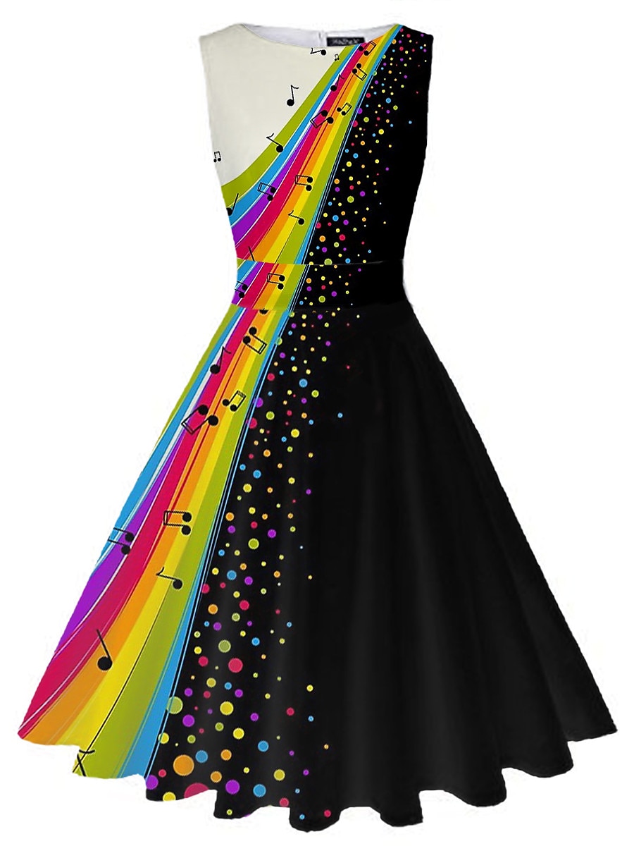 naisten retro 1950-luvun vintage teemekot midi-mekko päivittäinen päivämäärä ruched print muistiinpano pyöreä kaula hihaton ohut kesä kevät 2023 musta valkoinen s m l xl 2025 - $25.99 –P4