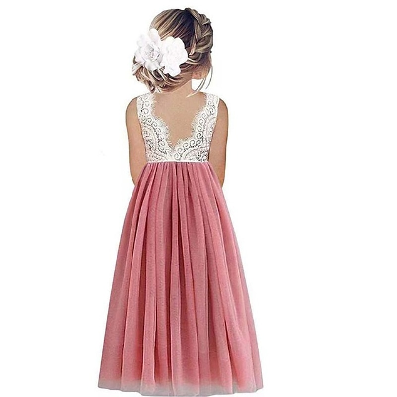 Blumenmädchenkleid Mädchen Party Kleid Leistung Hochzeit Party Prinzessin Süß Gitter Feste Farbe Ärmellos Rundhalsausschnitt Weiß Rosa 2-12 Jahre 2025 - $34.99 –P3