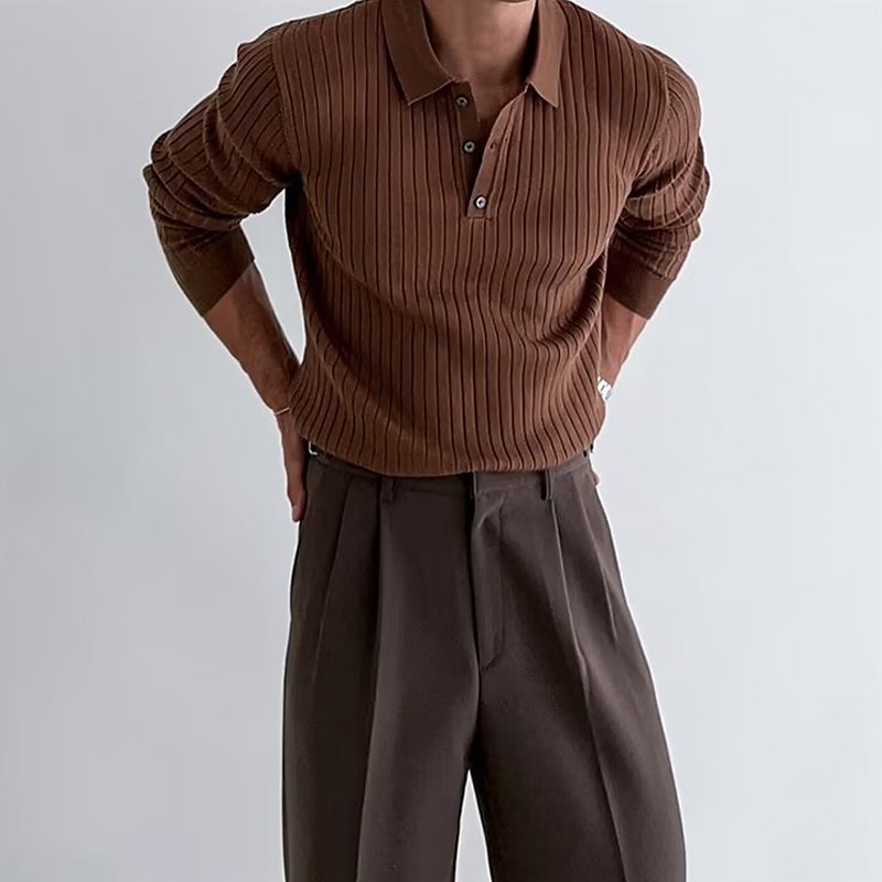 Voor heren gebreide polo Casual Feestdagen Revers Knoop Lange mouw Modieus Modern Effen nappi Zomer Zwart Wit Bruin gebreide polo 2025 - $30.99 –P3