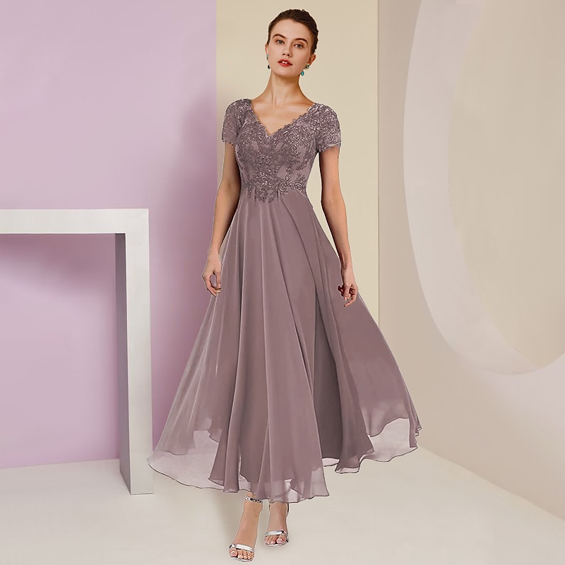 To Del A-Linje Mor til Bruden Kjole Formell Bryllups gjest Elegant V-Hals Te Lengde Chiffon Blonde Kort Erme Jakke Kjoler med Draperinger Applikasjoner gratis tilpasset størrelse 2025 - $150.99 –P5