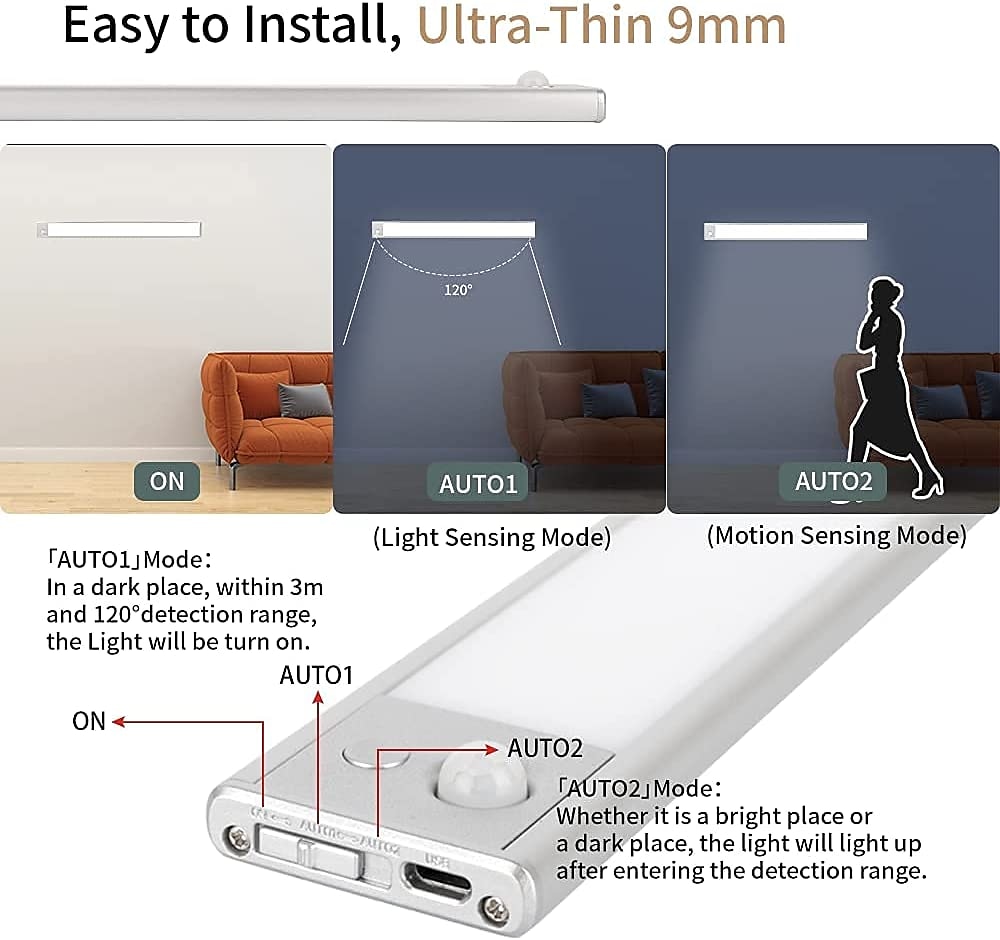 Under Cabinet Lighting, Motion Sensor Cabinet Light, Ultra Thin, USB Rechargeable Battery Operated, Tri-color Wireless Closet Lights Night Lights for Bedroom Wardrobe Stairs 2025 - $24.99 –P4