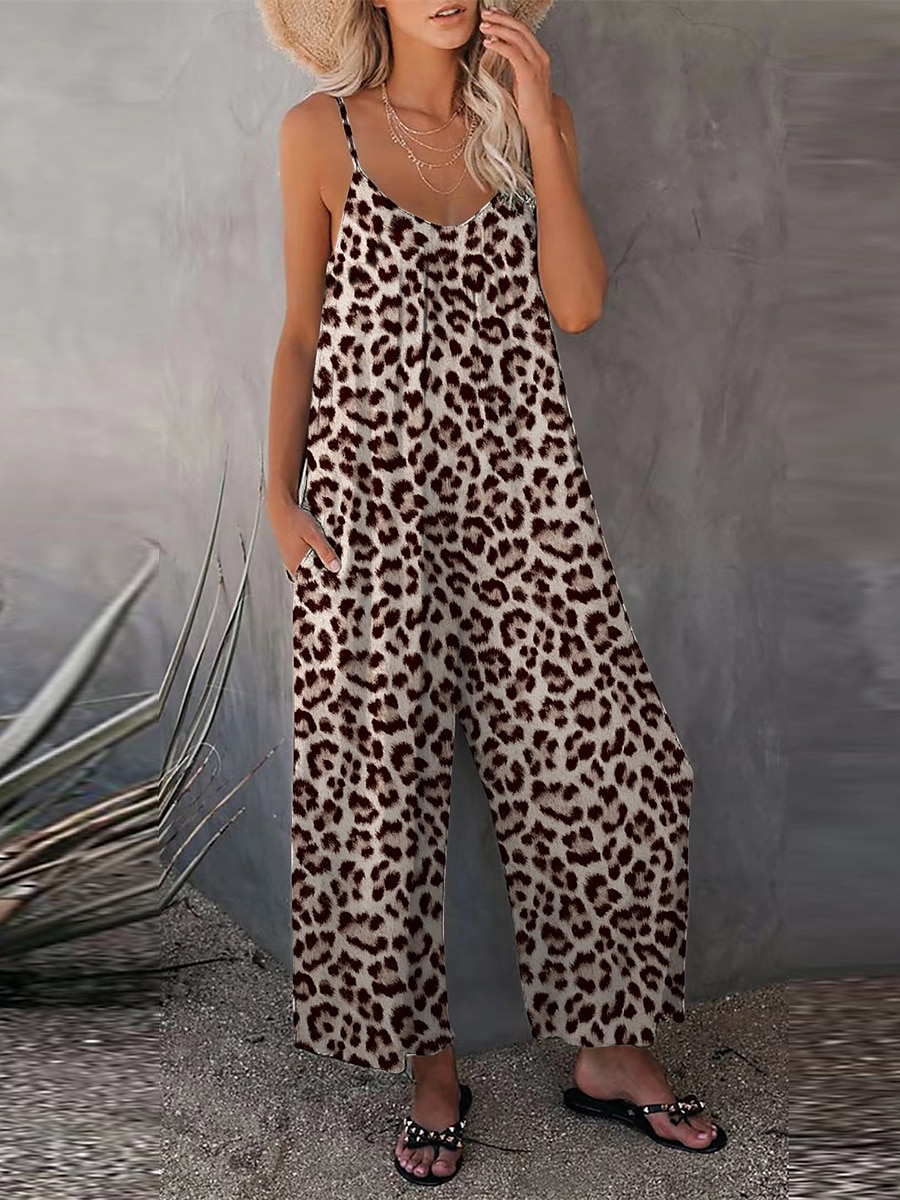 női jumpsuit egyszínű v nyak ünnepnapi kirándulás széles lábszár laza spagetti pántos khaki 3xl nyári 2025 - $24.99 –P12