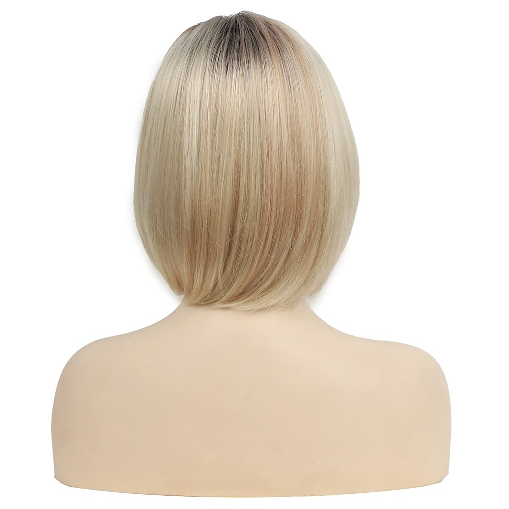 parrucca corta da pixie bob con riflessi biondi con frangia parrucca sintetica bionda ombre dritta con parrucche bionde a strati di radici scure per le donne del 2025 a $20.99 –P19