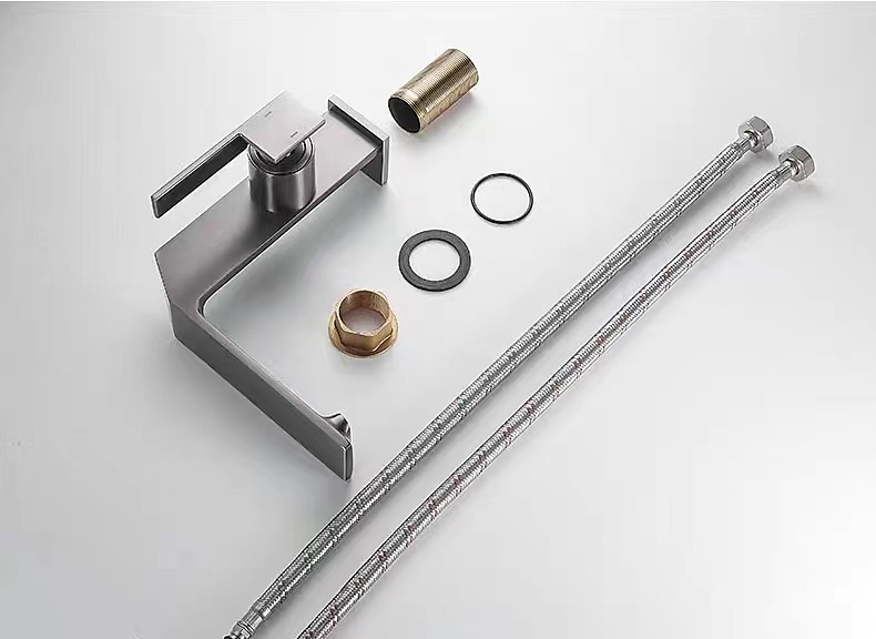 Waterfall Bathroom Sink Mixer Faucet Brass, Single Handle Washroom Basin Taps One Hole Faucets with Hot and Cold Hose, Waterfall Spout Brass Bathroom Tap Chrome Black Gold Grey 2025 - $113.99 –P3