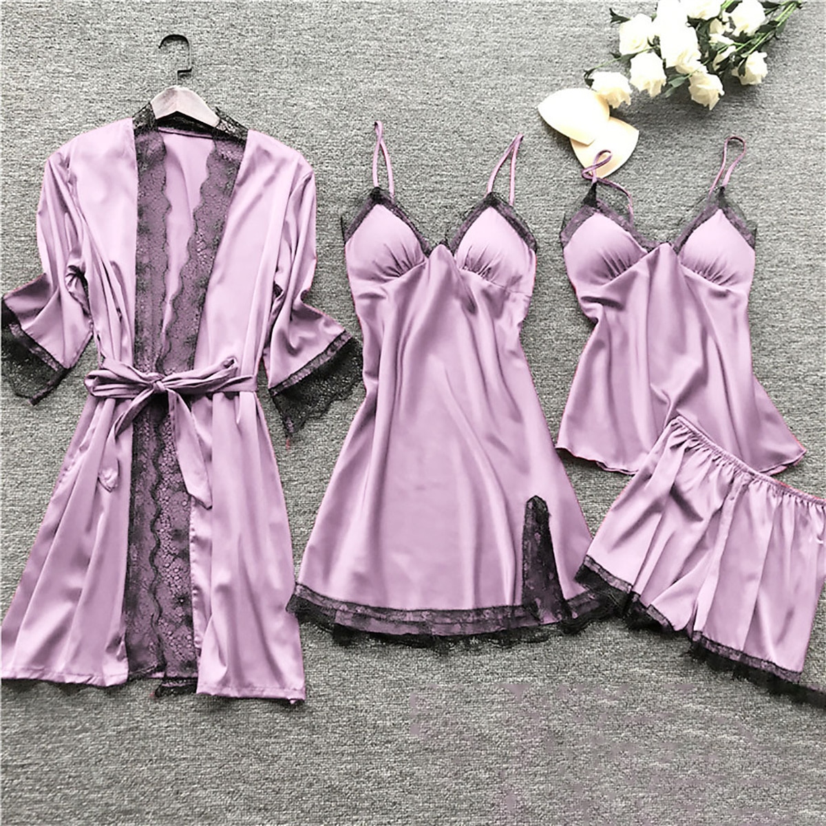 Womens Pajama Set (Top, Shorts & Robe) in Purple outlet color