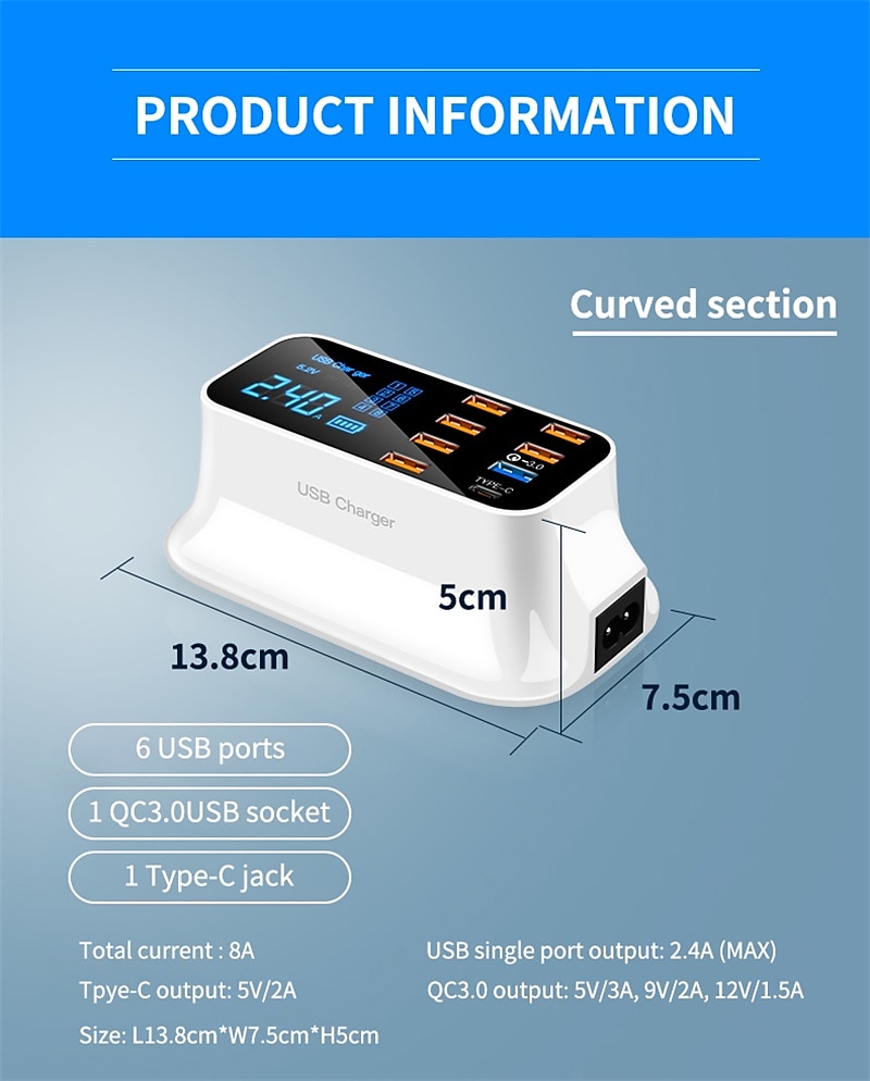 8USB Mobile Phone Fast Charging Digital Display QC3.0 Flash Charging Fast Multi-function PD Fast Charging Multi-port Charger With Display 2025 - $51.99 –P19