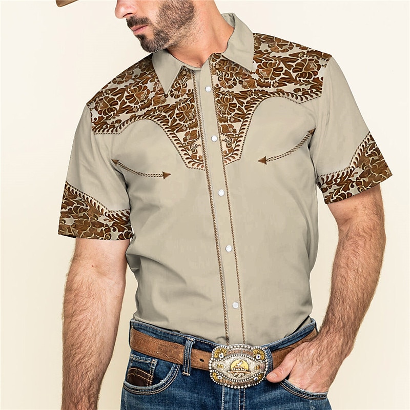 Herren Blumen Grafik-Drucke Hemd Westernhemd Cowboy-Shirt Kurzarm Modisch Strassenmode Designer Outdoor Strasse Täglich Sommer Frühling Umlegekragen Bedruckt Khaki Grau 2025 - $24.99 –P1