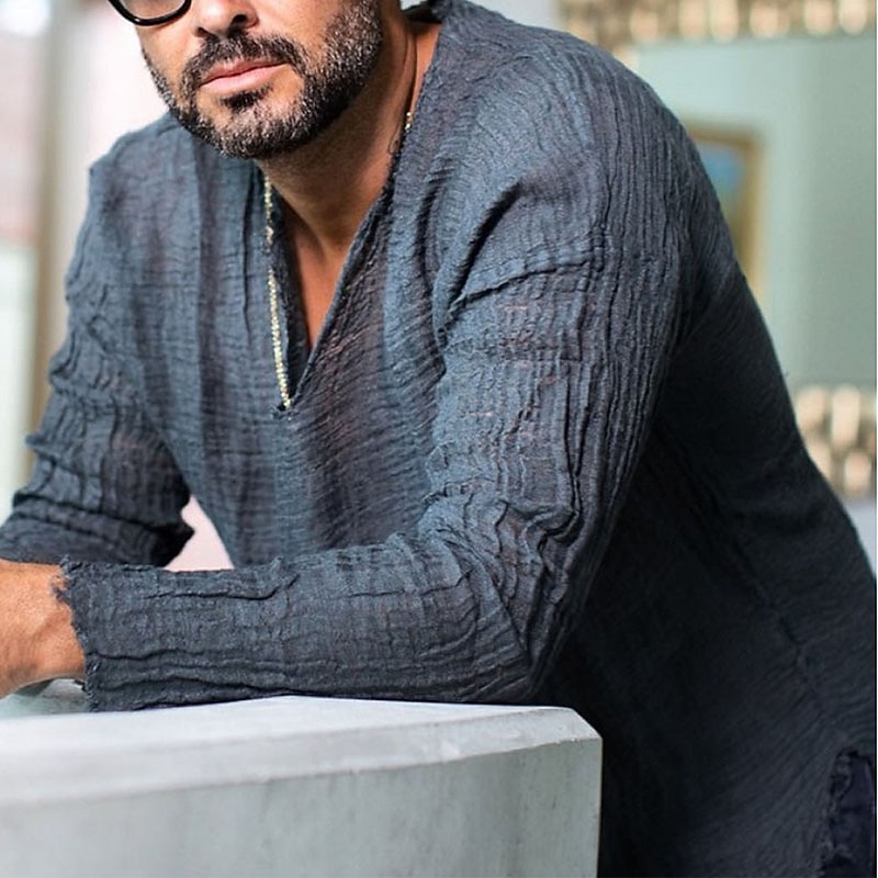 Per uomo Camicia in lino e cotone Camicia estiva Maglietta informale Camicia da spiaggia Liscio Informale Giornaliero Blu scuro Manica lunga Colletto Primavera estate Abbigliamento del 2026 a $22.99 –P2