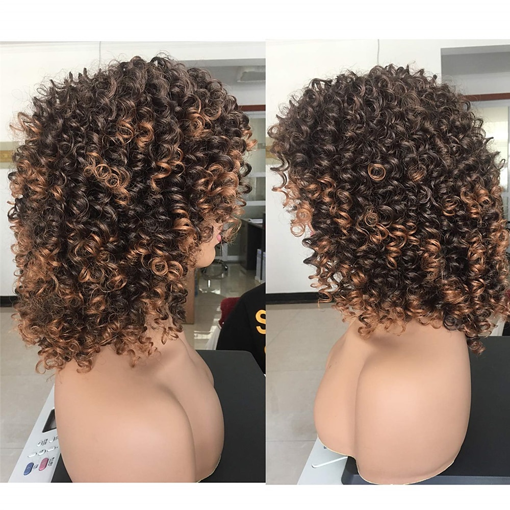 peruca curta encaracolada para mulheres negras com franja grande peruca crespa fofa crespa resistente ao calor sintético macio 2 tons ombre marrom escuro peruca afro curta encaracolada de 2025 por $28.99 –P5
