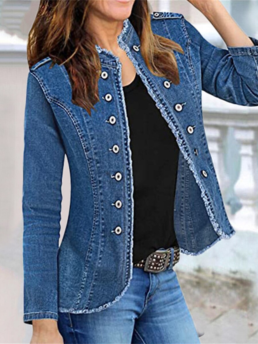 Women's Denim Jacket Outdoor clothing Button Plain Comfortable Streetwear Regular Fit Outerwear Long Sleeve Spring Blue S 2024 - $57.99 –P1