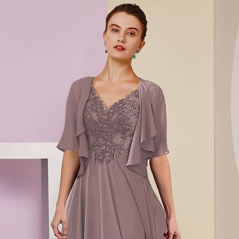 To Del A-Linje Mor til Bruden Kjole Formell Bryllups gjest Elegant V-Hals Te Lengde Chiffon Blonde Kort Erme Jakke Kjoler med Draperinger Applikasjoner gratis tilpasset størrelse 2025 - $150.99 –P2
