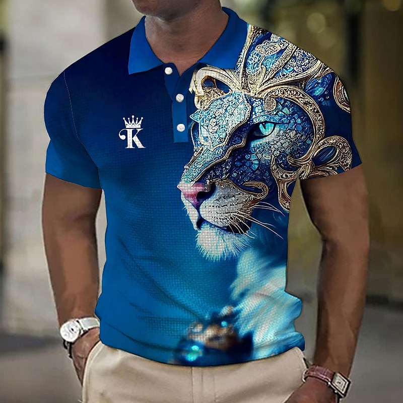 Men's Polo Shirt Waffle Polo Shirt Lapel Polo Button Up Polos Golf Shirt  Animal Lion Graphic Prints Turndown Blue-Green Yellow Red Blue Green Outdoor  Street Short Sleeve Print Clothing Apparel 2024 