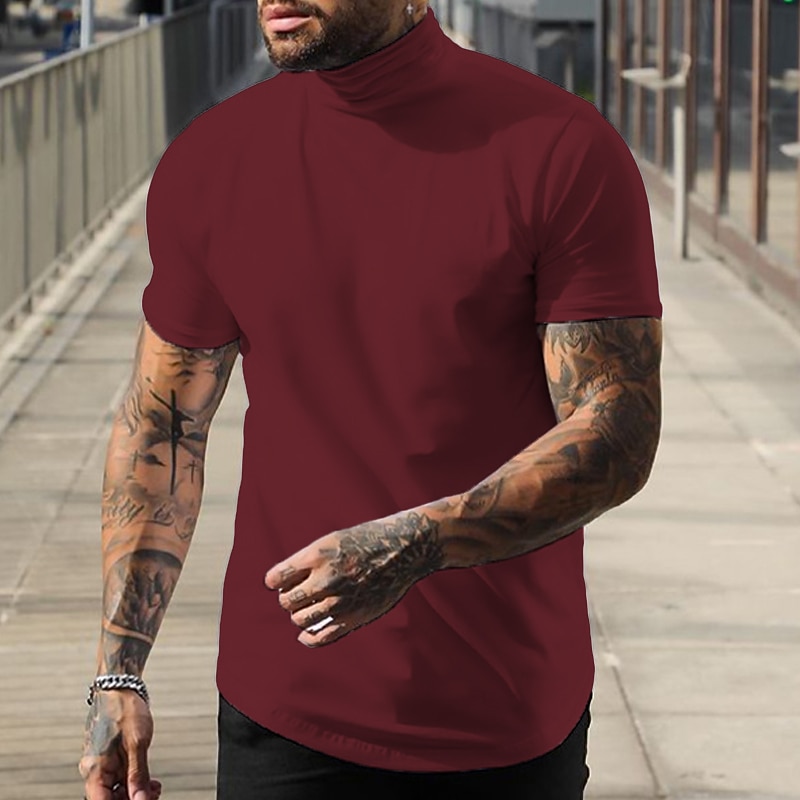 Men's T Shirt Mock Turtleneck Short Sleeve Turtleneck Summer Plain Fashion Casual Comfortable Street Holiday Beach Wine Black White Top Tee for Men 2025 - $17.99 –P10