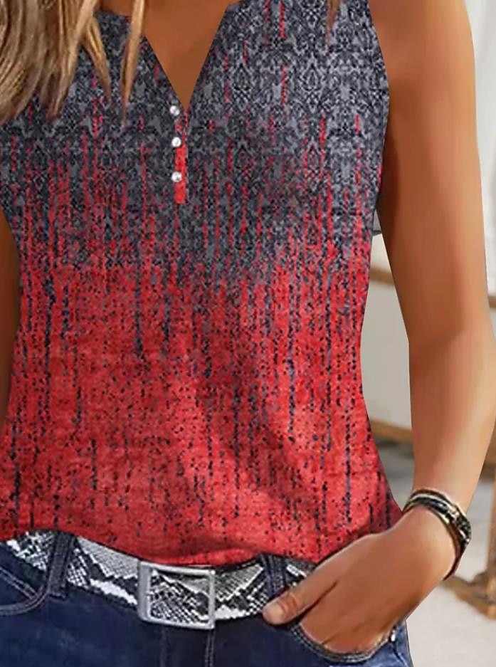 Damernas linne topp aktiv casual ombre tryck ärmlös vanlig topp V-hals casual daglig svart vinröd sommar 2025 - $19.99 -P6