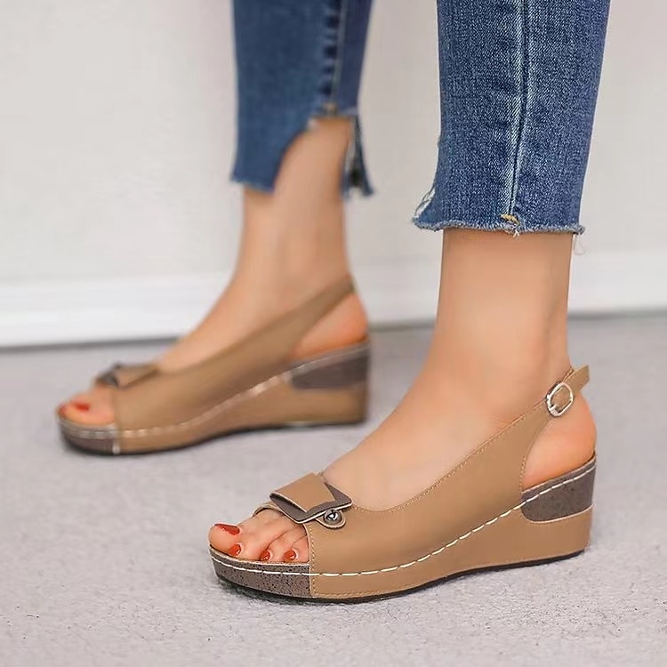 Damsandaler med slingback och kil, peep toe och justerbart spänne, bekväma platåskor för promenader, vardagliga sommarkläder och resor 2025 - $24.99 –P3